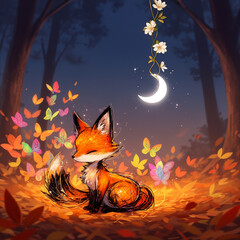 Fototapeta premium Anime-style tiny fox surrounded by a swarm of multicolored butterflies