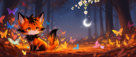 Fototapeta premium Anime-style tiny fox surrounded by a swarm of multicolored butterflies