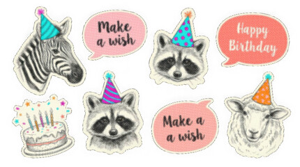 Fototapeta premium Cute animals wearing birthday party hats and making birthday wishes sticker designs transparent background