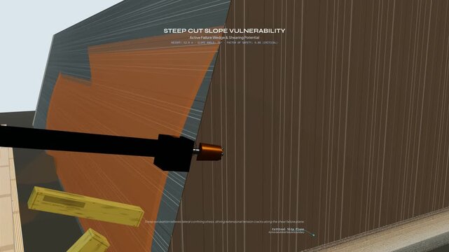 3D animation of a soil nailing reinforcement process, showing rotary percussive drilling, steel tendon insertion, cementitious grouting, and structural facing to stabilize a steep cut slope