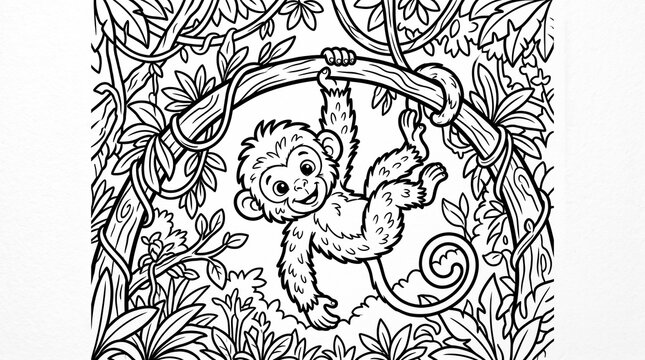 Baby Monkey Hanging from Curved Tree Branch &ndash; Cute Animal Coloring Book Illustration