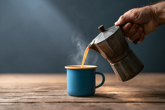 Morning Brew Ritual A hand carefully pours steaming hot coffee from a vintage Moka pot into a rustic blue mug, creating a comforting aroma and warm start to the day.