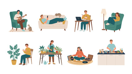 Fototapeta premium Collection of people relaxing at home doing various indoor leisure activities and hobbies flat illustration