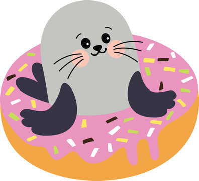 Cute Little Seal Eating Sweet Donut
