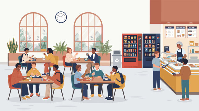 Flat illustration of a lively school cafeteria with diverse students eating lunch socializing and buying food from the counter