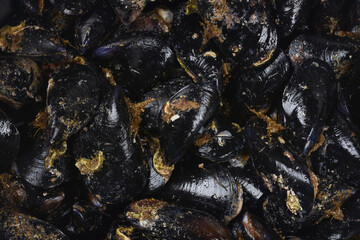 A close up top down view of a full frame pile of fresh raw black mussels with closed shells. © nahhan