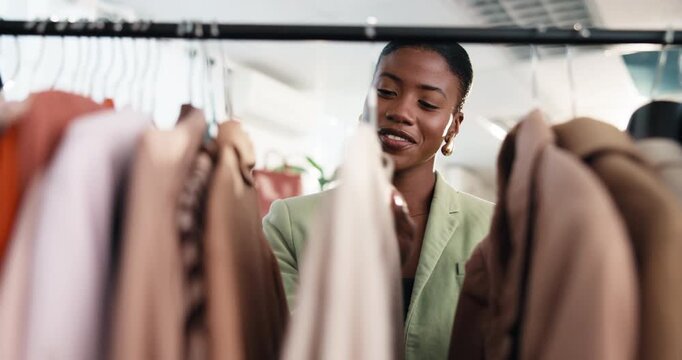 Boutique, choice or woman at clothes rack for shopping, outfit search or sale on garment collection. Happy, black person and browse rail for fashion promotion, apparel outlet or decision for purchase