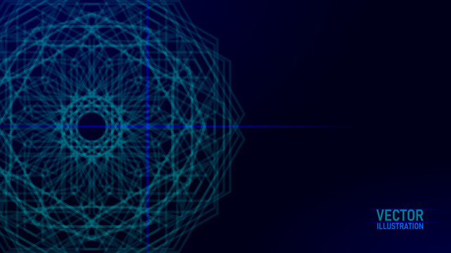 Abstract cyan geometric web lines pattern. Futuristic tech style vector art. Fashion clothing patches stickers print. Dark blue background digital design.