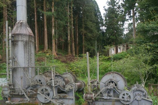 Historic railway machinery is on display at the entrance to Alishan National Forest Recreation Area in Taiwan.