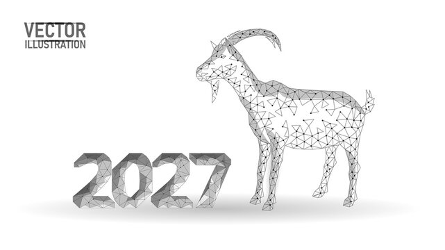 Low-poly grayscale goat with 2027 text. Geometric wireframe style for fashion patches, stickers, and clothing prints. White background vector art.