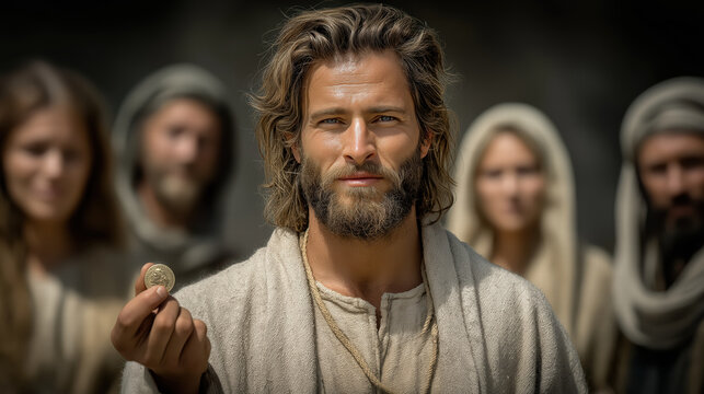 Jesus teaching about the coin in an ancient biblical scene, explaining the lesson of the denarius to His listeners