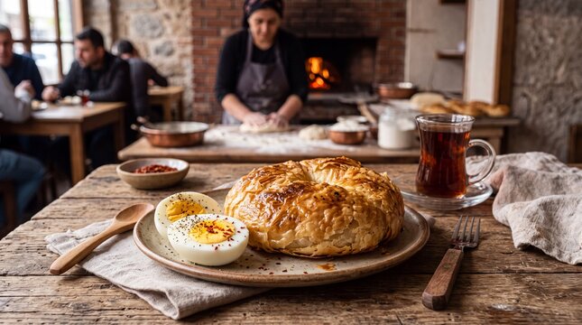 Flaky Turkish Boyoz Pastry with Hard-Boiled Egg, Pepper, and Tea on Rustic Bakery Table