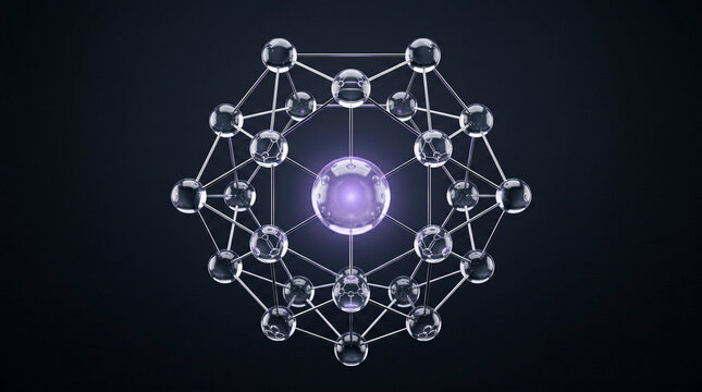 Minimalist molecular structure with luminous violet central sphere