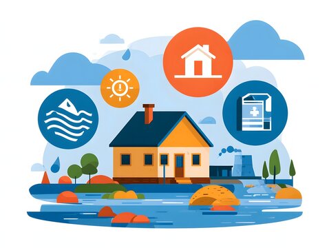 Flooded house with disaster icons illustration