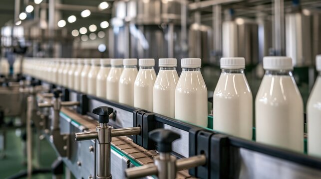 Automated Dairy Production: Bottles of Fresh Milk on Conveyor
