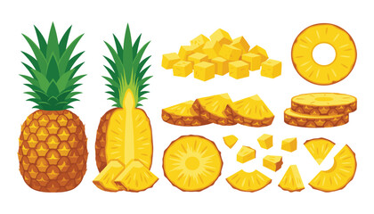 Obraz premium Fresh pineapple and tropical fruit slice vector set. Collection of isolated whole ananas, cut halves, round rings, diced cubes, and sweet juicy chunks.