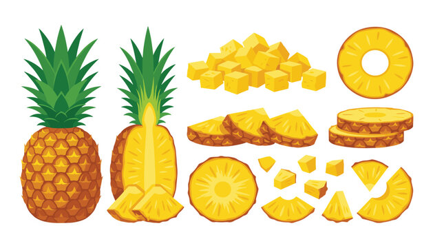 Fresh pineapple and tropical fruit slice vector set. Collection of isolated whole ananas, cut halves, round rings, diced cubes, and sweet juicy chunks.