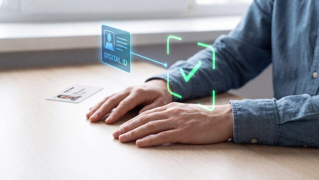 Digital identity verification and online ID authentication concept. Man with ID card and digital ID profile scan checkmark for KYC identity check, data privacy and online security