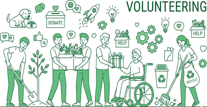 Volunteering and charity community service concept outline flat illustration with people helping elderly planting trees recycling and donating