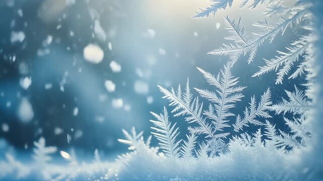 Delicate ice crystal patterns on a frosted window with soft snow falling in the background