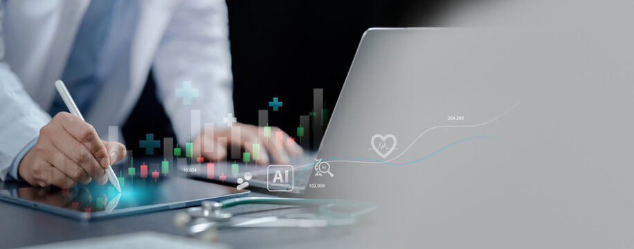 Doctor using tablet for AI healthcare analytics at modern desk. Represents medical business development, smart hospital network data, real-time tracking and long-term finance improvement.
