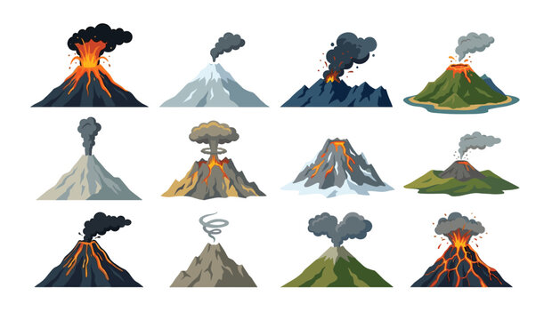 Volcano eruption and molten lava magma mountain vector set. Collection of isolated burning volcanic peaks, ash cloud explosions, tectonic hazard disaster symbols, and flat geology elements.