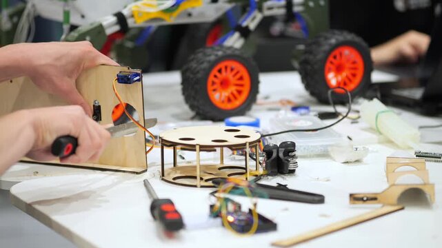 Hands assemble wooden robot parts on a cluttered workbench. Orange-tired RC car sits nearby. Tools and wires scatter the table. Focus on detailed mechanical work in progress