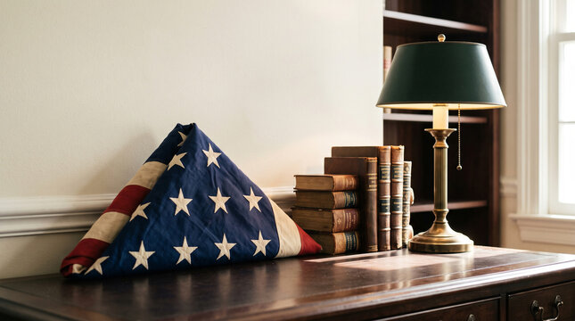 folded american flag with books and desk lamp on wooden desk