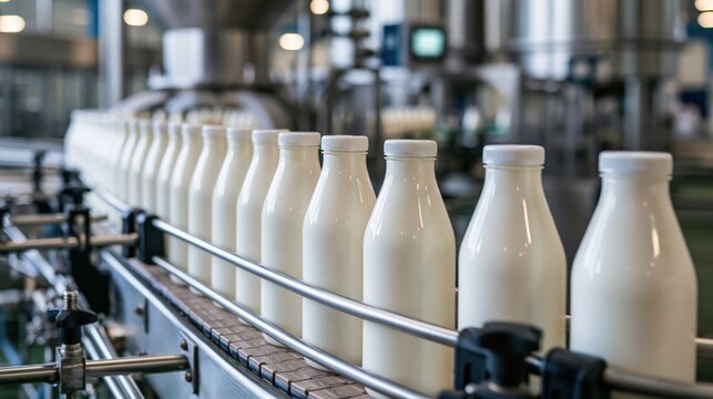 Automated Dairy Production: Bottles of Fresh Milk on Conveyor