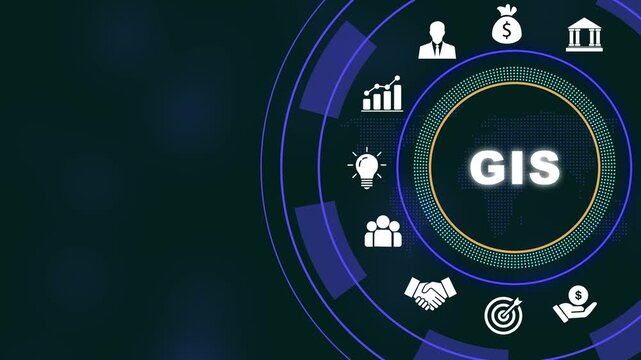 Geographic information system gis concept with digital hud interface featuring global map data, business analytics, financial growth and network connectivity for modern corporate strategy