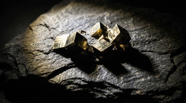 Natural pyrite crystals with cubic structure resting on a dark rough stone surface.