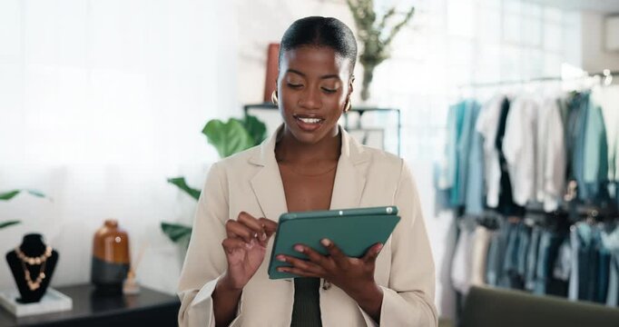 Fashion, woman and plan in retail store with tablet, stock control and online order on CMT website. Owner, black person and typing in boutique with tech, clothing merchandise or inventory management.
