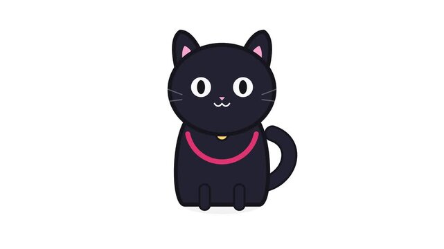 Cute cartoon black cat sitting on white background, kawaii kitten character vector illustration
