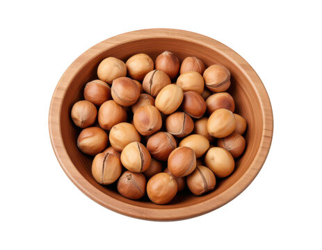 Wooden Bowl of Hazelnuts: A close-up, top-down view of a rustic wooden bowl overflowing with whole, raw hazelnuts, showcasing their natural textures and earthy tones.