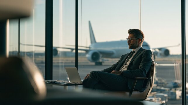 Business Traveler Contemplation: A well-dressed businessman in a suit relaxes in a chair by the window of an airport lounge, looking out at a parked airplane. A laptop sits on the table beside him.