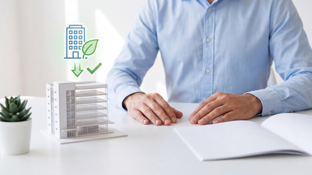 Green building certification and carbon reduction concept, man with white office building model and eco leaf arrow checkmark for sustainable architecture, ESG and energy saving