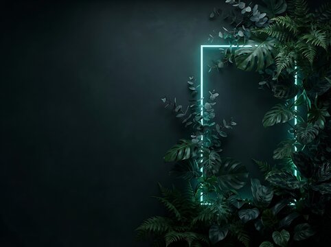 Lush tropical foliage frames a glowing teal neon rectangular shape against a dark background botanical leaves plantlife monstera fern eucalyptus