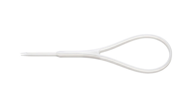 white plastic interdental pick isolated on white background, dental floss pick for oral hygiene care, plastic toothpick device for teeth cleaning