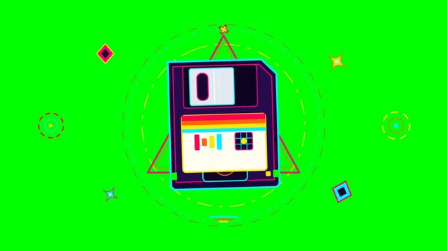 Retro animated floppy disk with neon geometric shapes on green screen