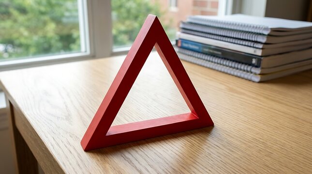 Isometric triangular frame on wooden surface