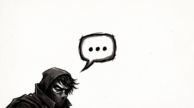 A mysterious hooded character with a speech bubble containing ellipses on a white background.