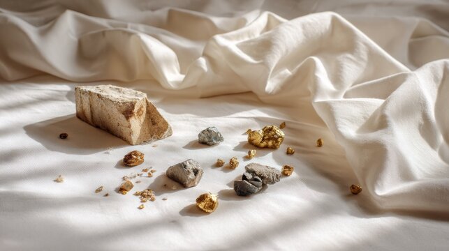 Raw gold nuggets and mineral samples arranged on a textured white fabric. A collection of rough gold nuggets and unrefined mineral specimens are artfully scattered across draped white textile surface