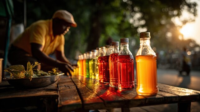 Row of colorful herbal drinks in glass bottles displayed on a wooden table. A vendor arranges bottles filled with vibrant herbal infusions and natural beverages outdoors