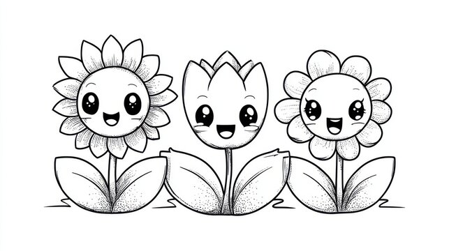 Cute cartoon flowers with happy faces, perfect for children's coloring pages. Three adorable, hand-drawn flowers with big eyes and smiling mouths, ready to be colored by kids