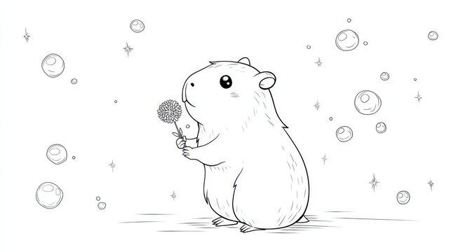 Cute hamster holding a delicate flower, surrounded by bubbles and sparkles. A charming line art illustration of a small rodent with a flower, perfect for children's coloring pages and nature themes