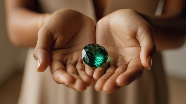Close-up of a faceted green gemstone held delicately in cupped hands. A person's hands gently cradle a brilliant, deep green faceted gemstone, showcasing its clarity and vibrant color