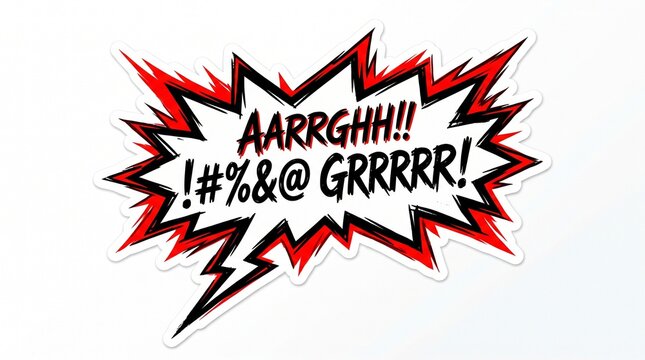Comic book style speech bubble with angry text and symbols on white background.