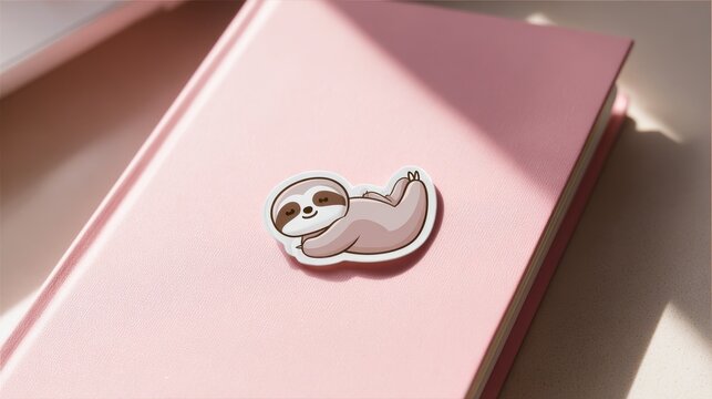Cute cartoon sloth sticker resting on a pink notebook with soft lighting. A charming, kawaii-style sloth sticker is placed on a pastel pink journal, bathed in gentle sunlight creating cozy atmosphere