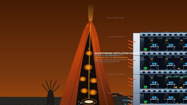 Infographic animation explaining termite biomimetic cooling, showing macrotermes mound ventilation inspiring zero energy building architecture with geothermal sinks and solar stack effect