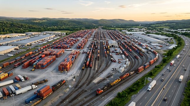 Aerial view of a large intermodal freight terminal and railway yard with shipping containers next to a busy highway at sunset cargo transport logistics center rail transport container yard